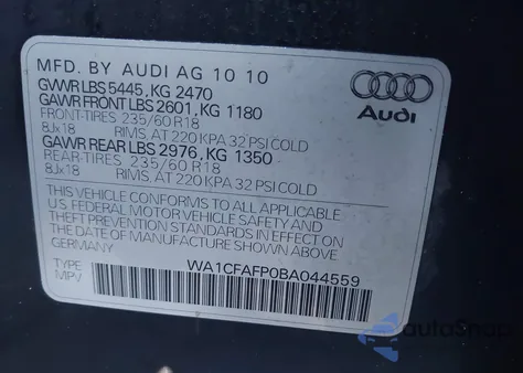 2011 Audi Q5 2.0T Premium from USA, damaged, VIN WA1CFAFP0BA044559